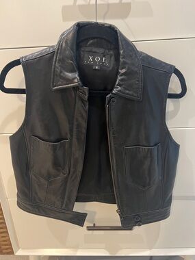 XOE Black Leather Vest with Front Pockets
